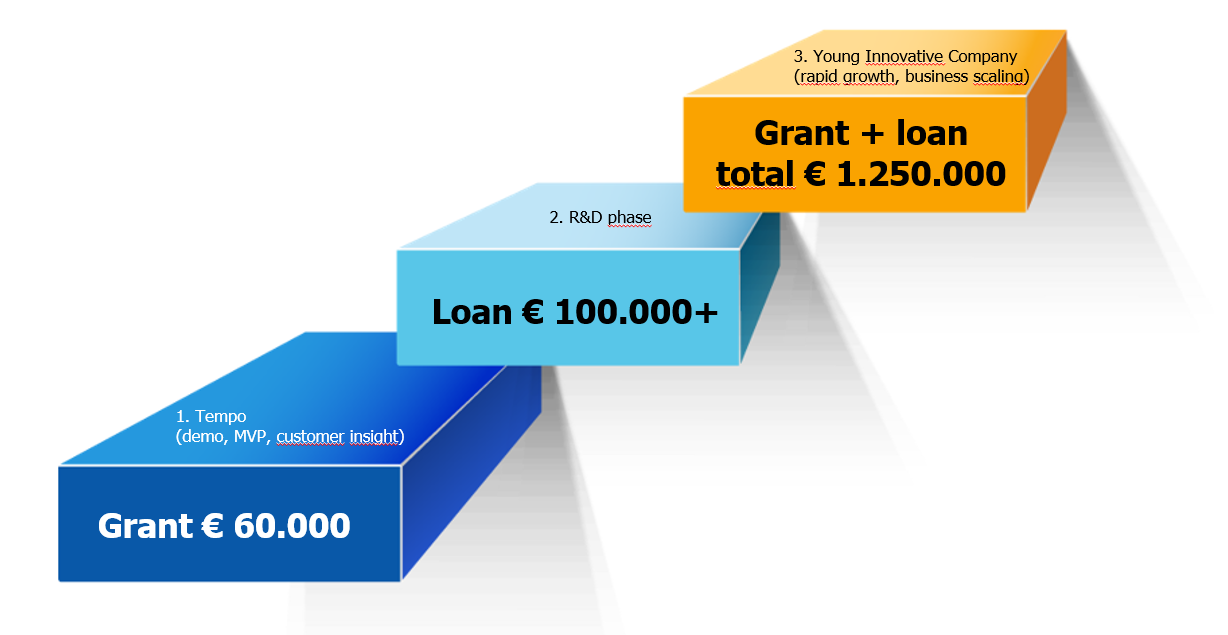 A 3D staircase diagram showing Business Finland’s funding path: first step “Grant €60,000” for the Tempo phase (demo, MVP, customer insight), second step “Loan €100,000+” for the R&D phase, and third step “Grant + loan total €1,250,000” for the Young Innovative Company phase focused on rapid growth and business scaling.